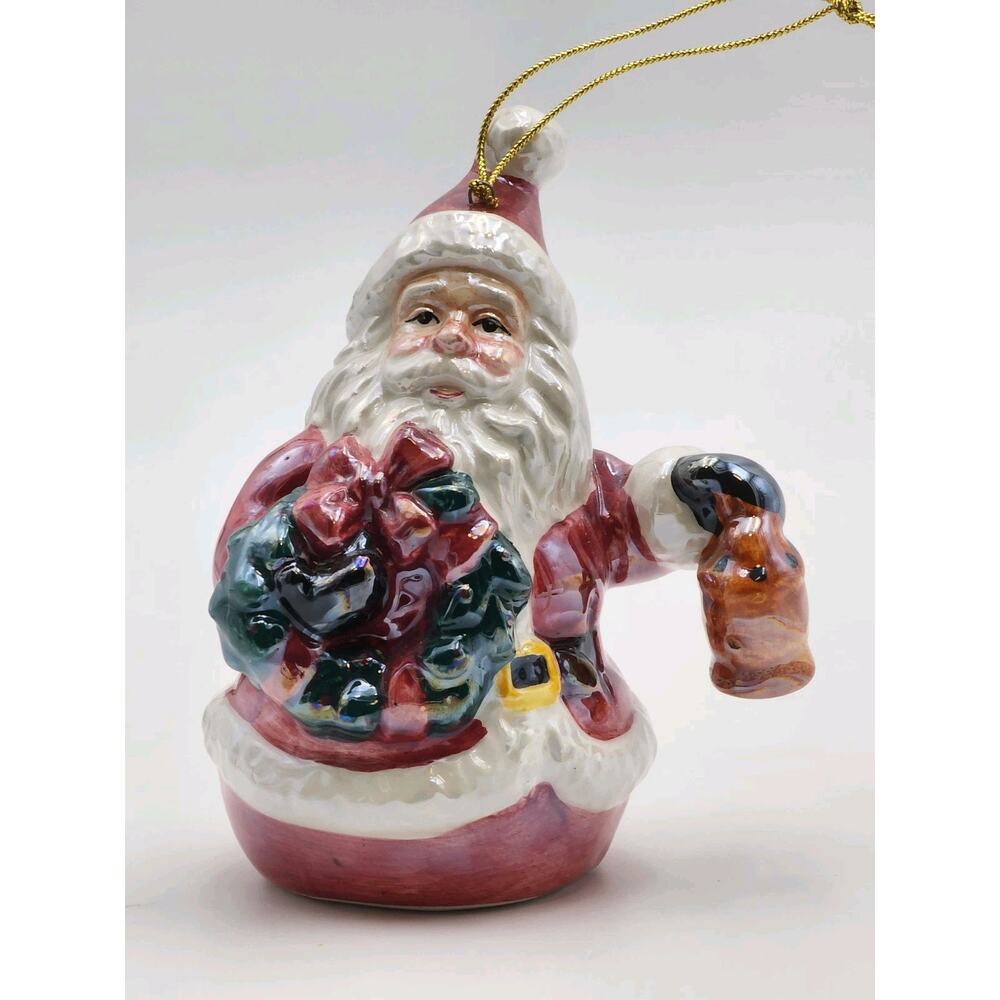 Vtg Iridescent Glazed Ceramic Santa with Wreath and Lantern Christmas Ornament